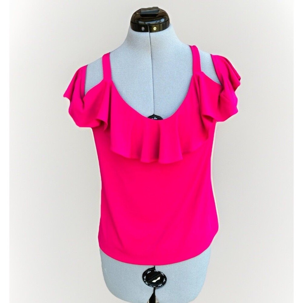 Express Hot Pink Cold-Shoulder Ruffle Top - Picture 2 of 5